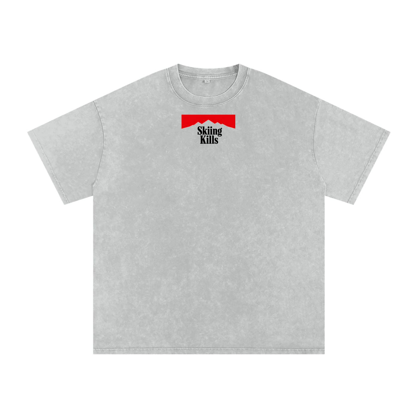 Skiing Kills Tee in gray with Marlboro parody graphic on front chest, front view