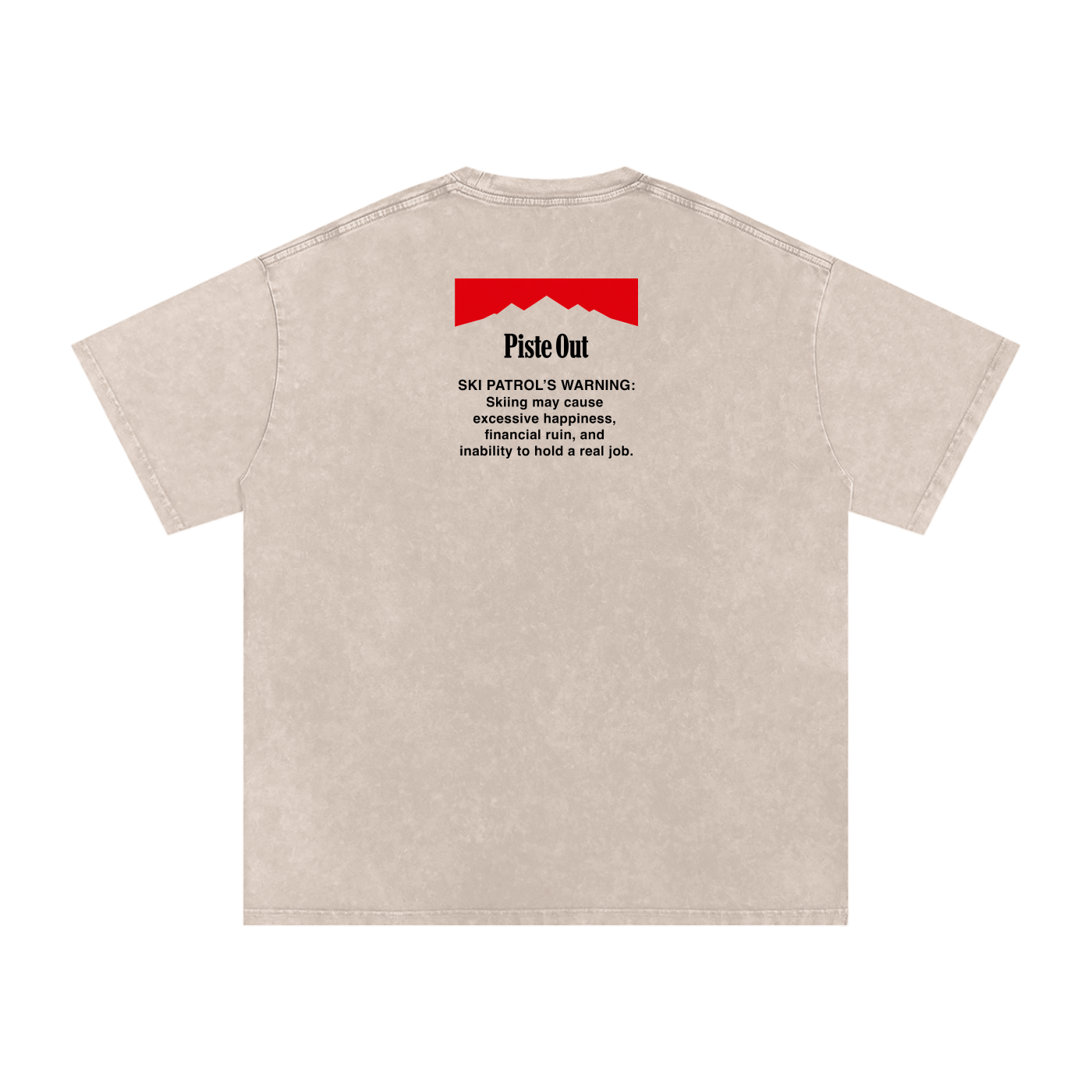 Skiing Kills Tee in Tan with Ski Patrol warning graphic on upper back, back view