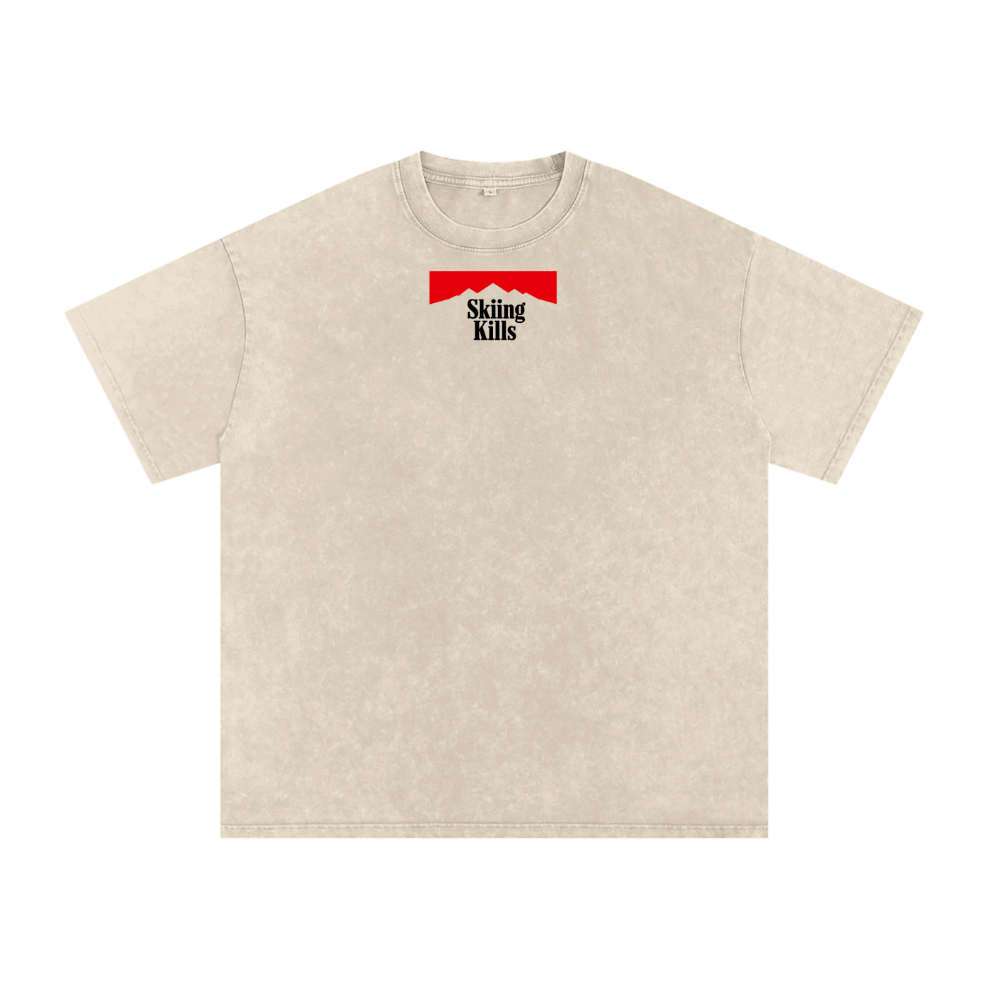 Skiing Kills Tee in Tan with Marlboro parody graphic on front chest, front view
