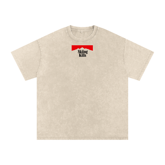 Skiing Kills Tee in Tan with Marlboro parody graphic on front chest, front view
