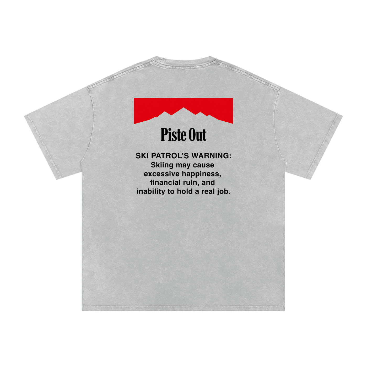 Skiing Kills Tee in gray with Ski Patrol warning graphic on upper back, back view