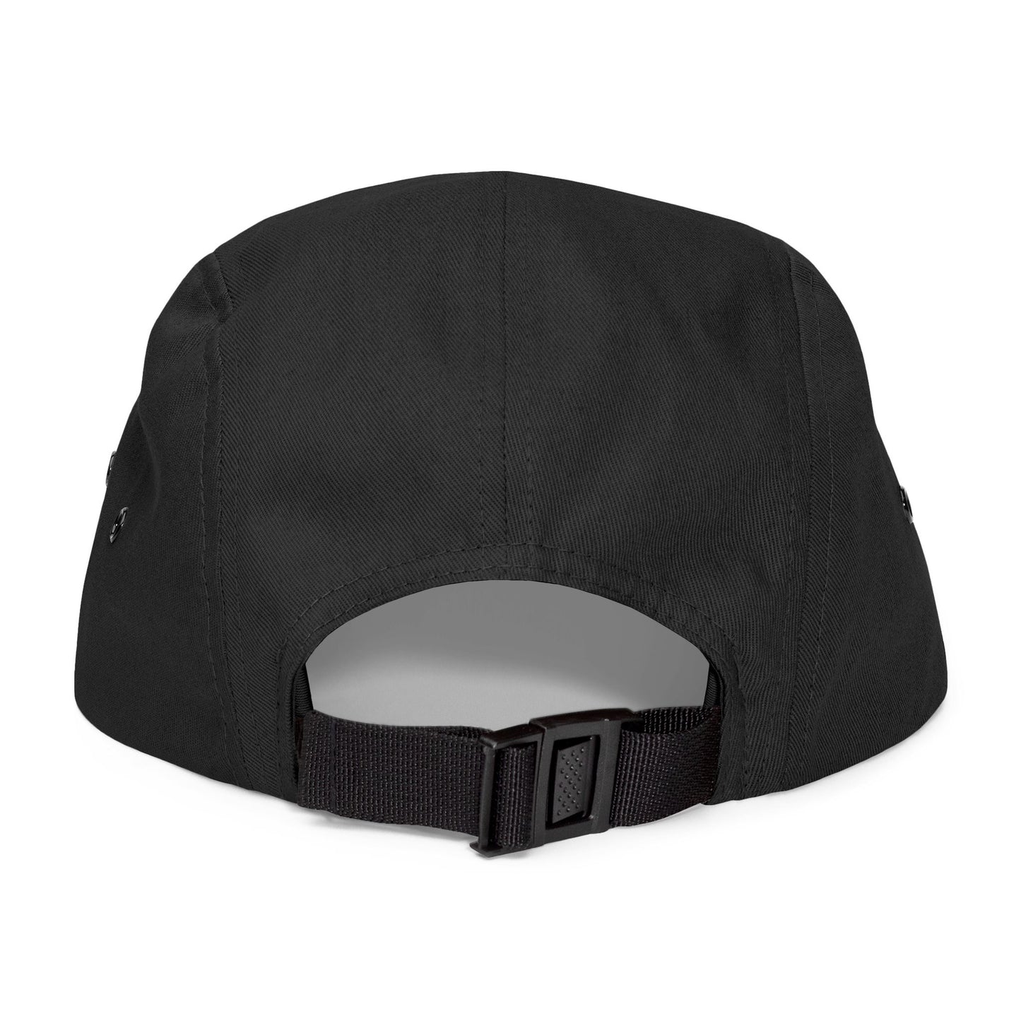Back view of black Skip the Last 5-panel hat with adjustable black strap and clip closure.