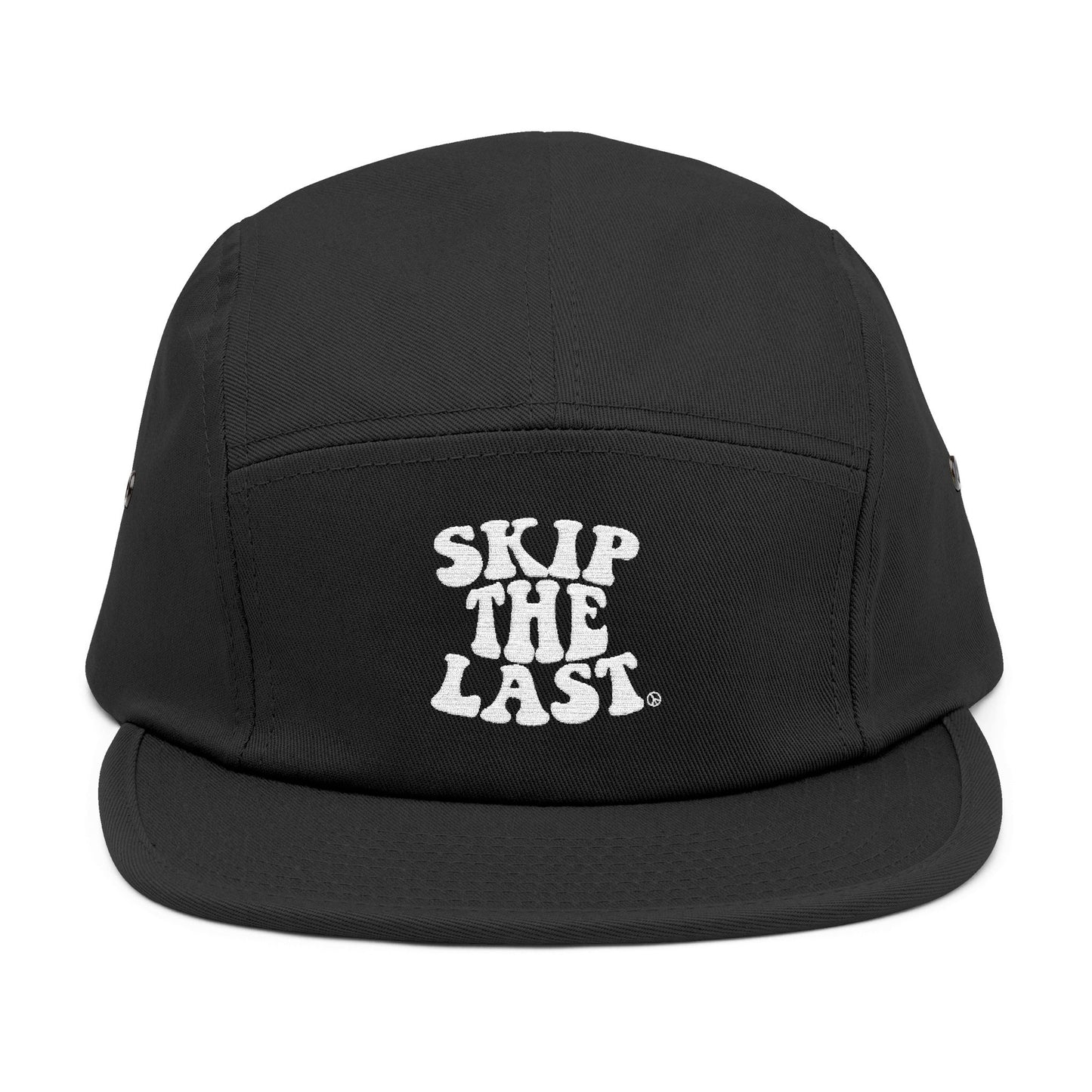 Front view of black Skip the Last 5-panel ski superstition hat with white embroidered text.
