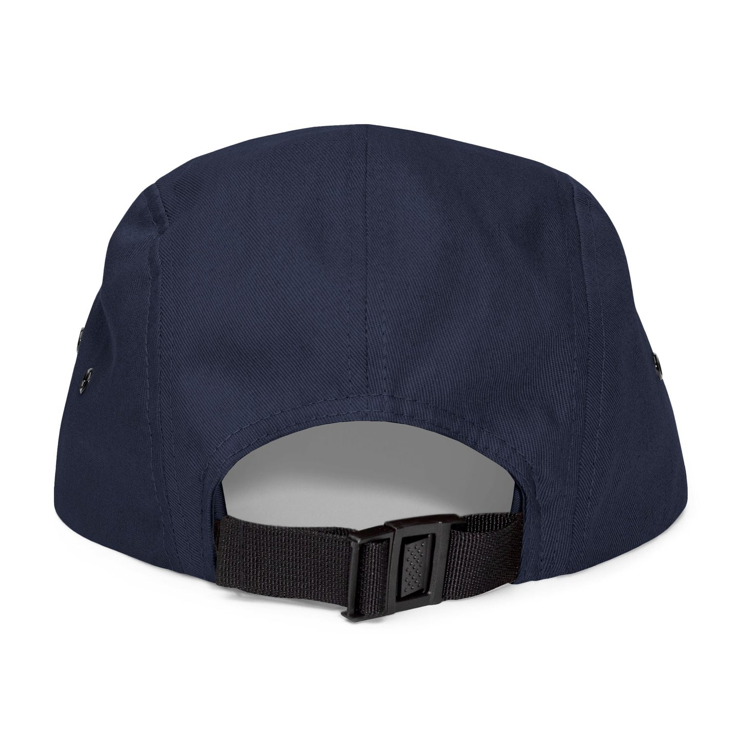 Back view of navy blue Skip the Last 5-panel hat with adjustable black strap and clip closure.