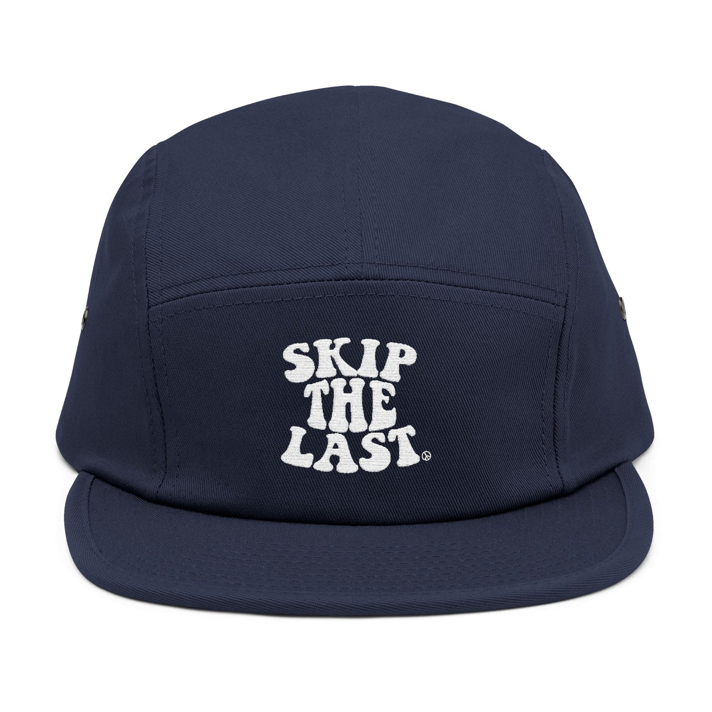 Front view of navy blue Skip the Last 5-panel ski superstition hat with white embroidered text.