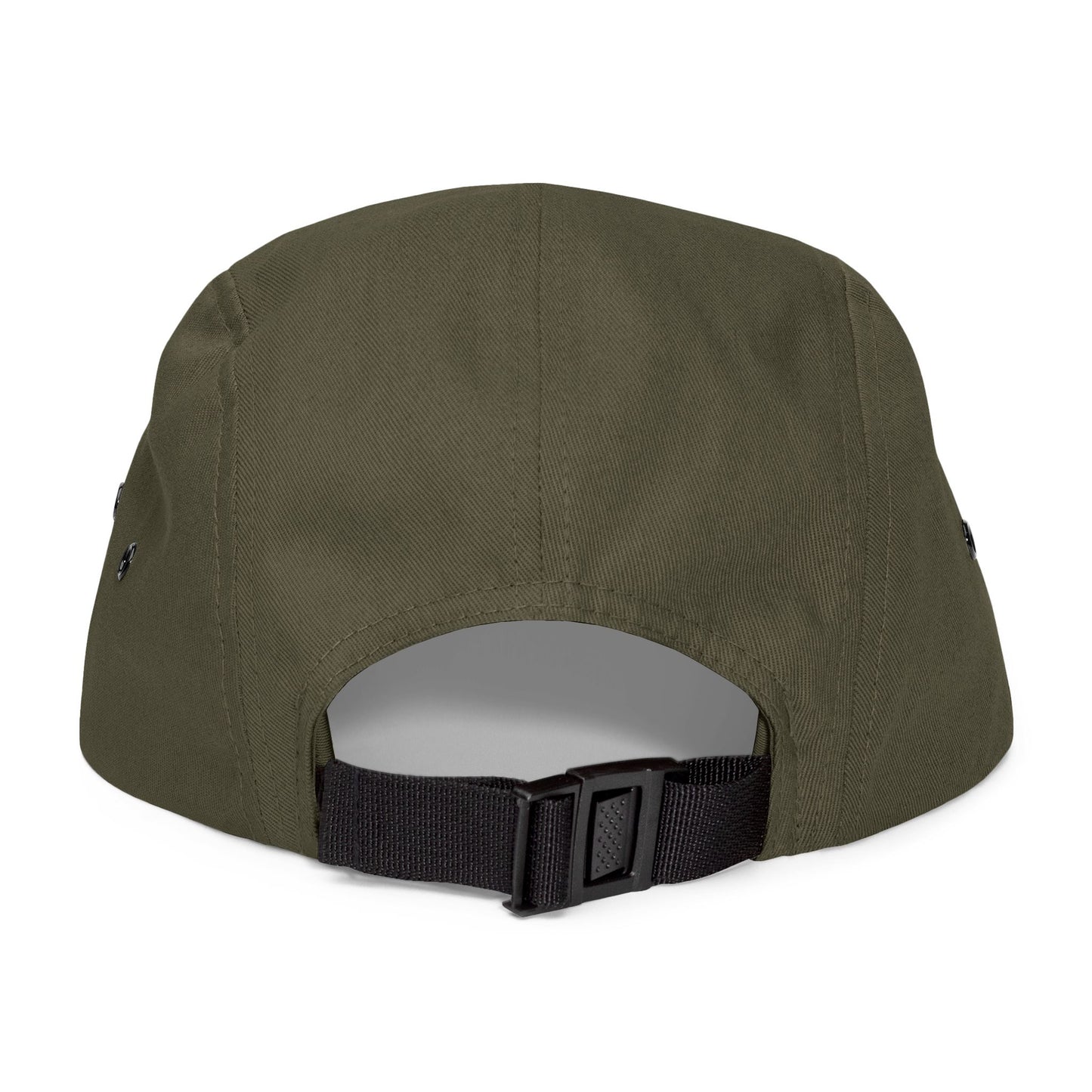 Back view of olive green Skip the Last 5-panel hat with adjustable black strap and clip closure.