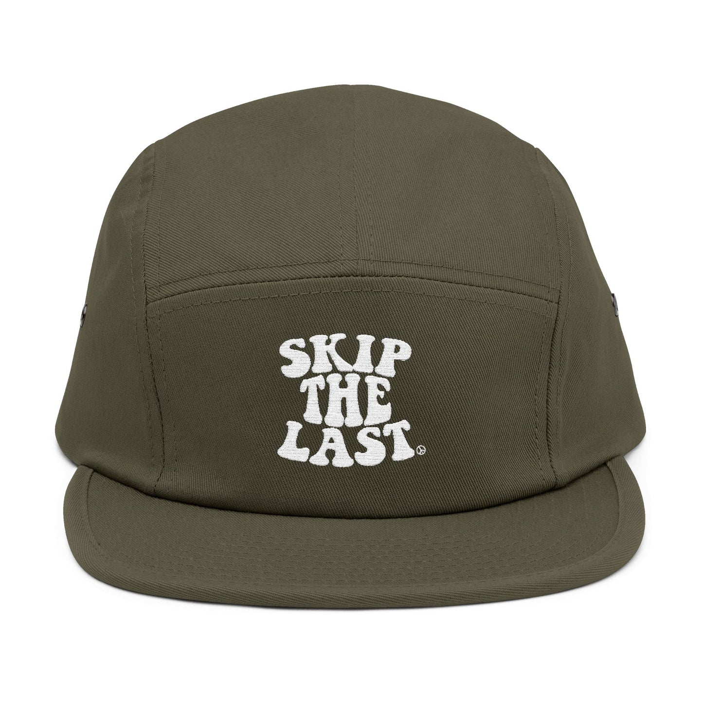 Front view of olive green Skip the Last 5-panel ski superstition hat with white embroidered text.