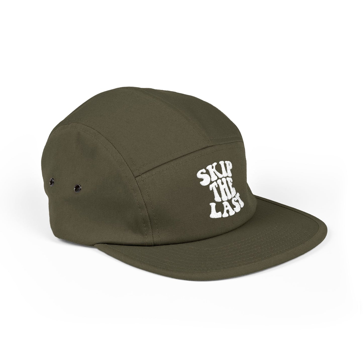 Side view of olive green Skip the Last 5-panel camper hat with embroidered ski superstition slogan.
