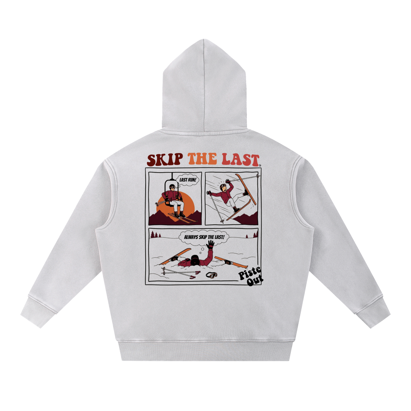 Piste Out Skip the Last Hoodie in Dirty Snow, back view with comic strip graphic