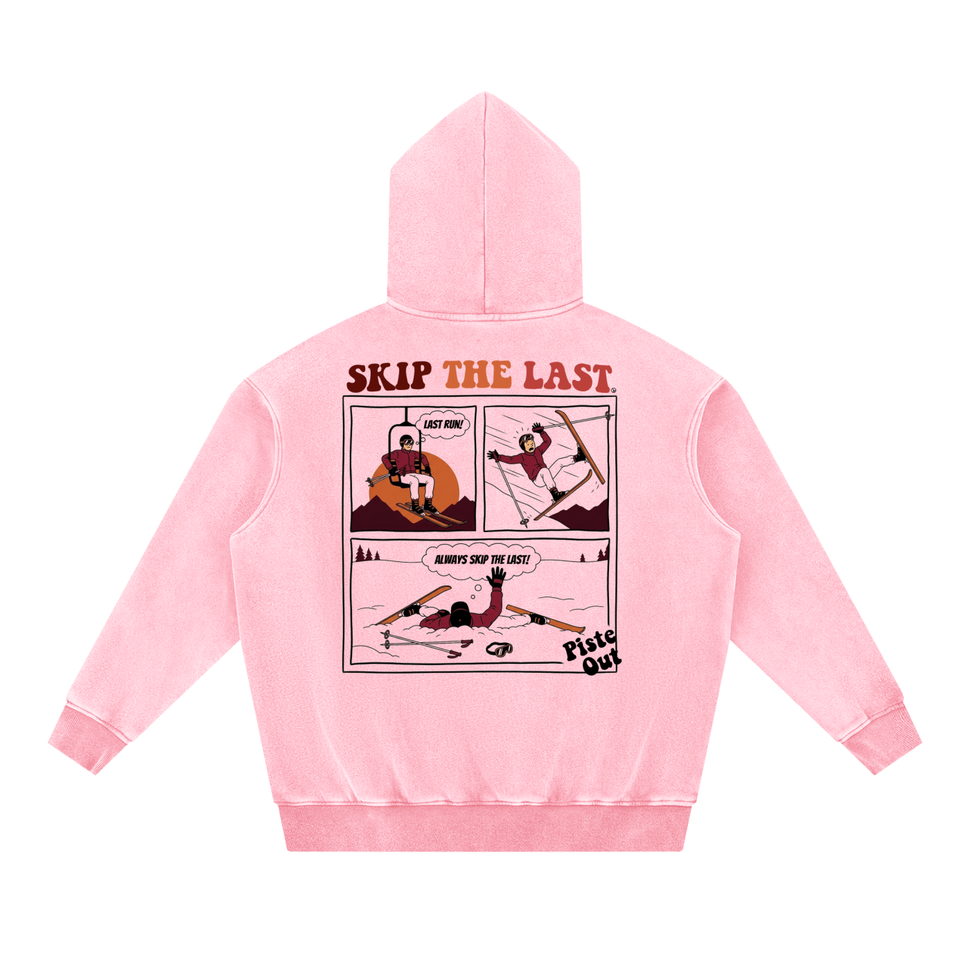 Piste Out Skip the Last Hoodie in Pink, back view with comic strip graphic