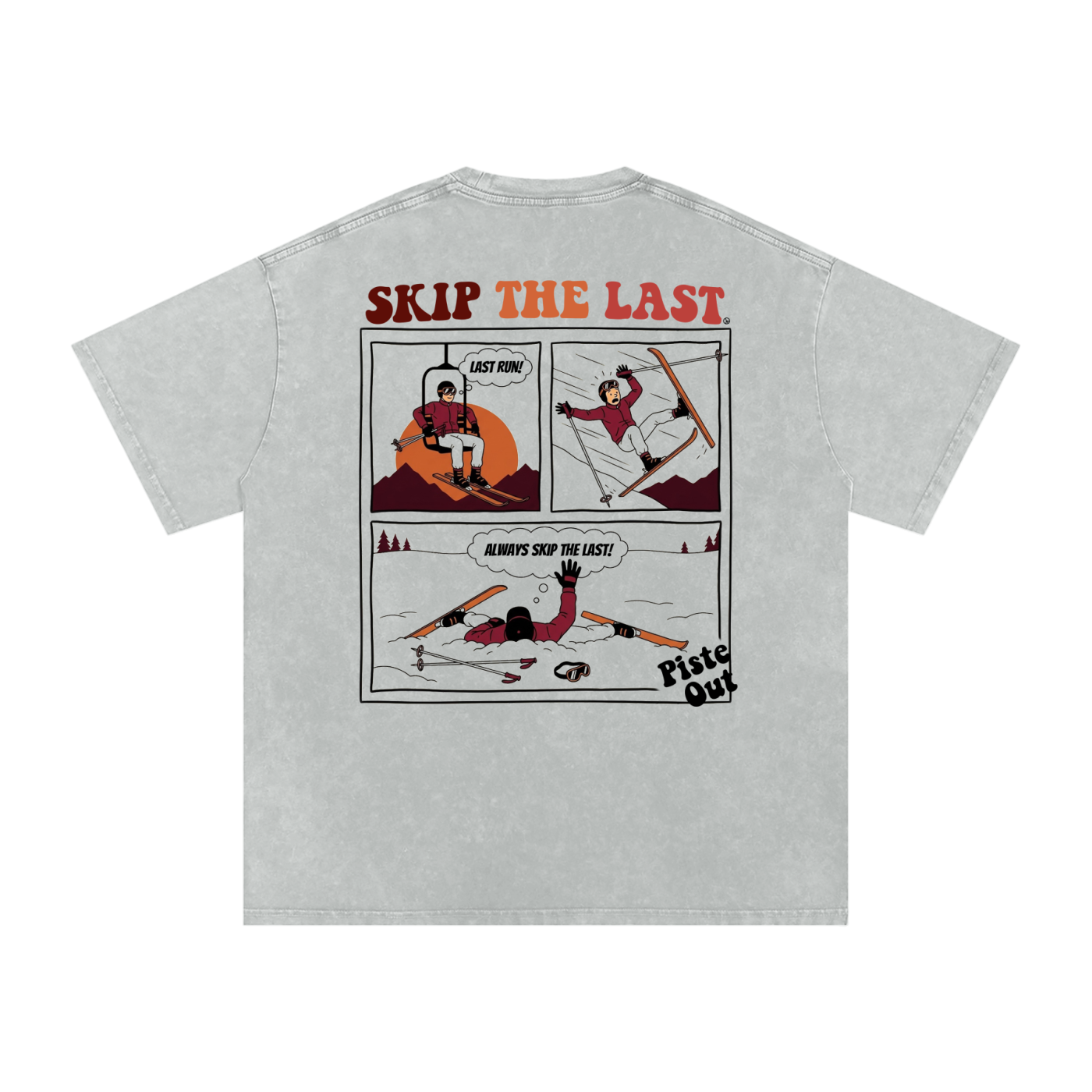 Skip the Last Oversized Boxy Tee in Dirty Snow with three-panel yardsale comic strip graphic, back view