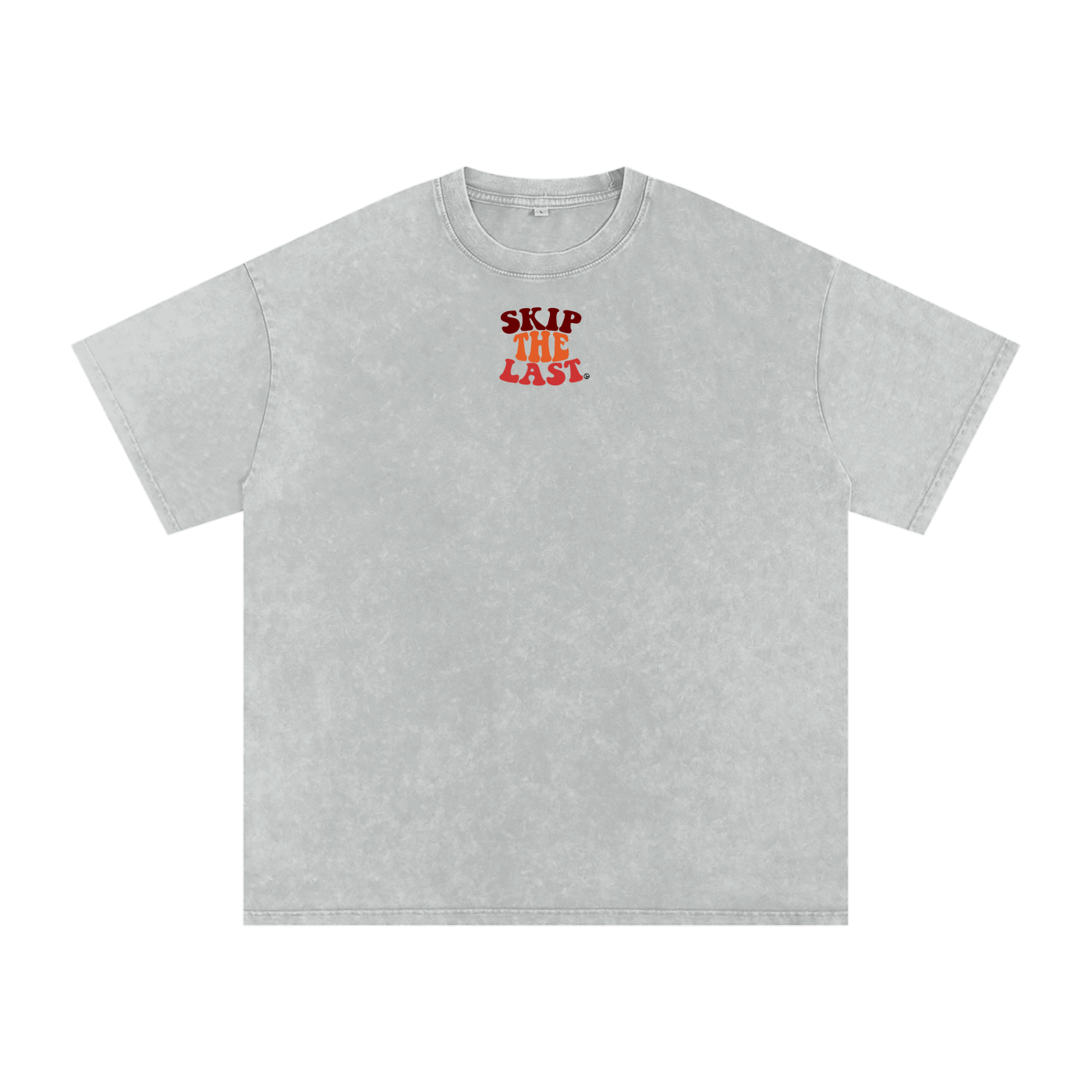 Skip the Last Oversized Boxy Tee in Dirty Snow with Skip the Last chest logo, front view