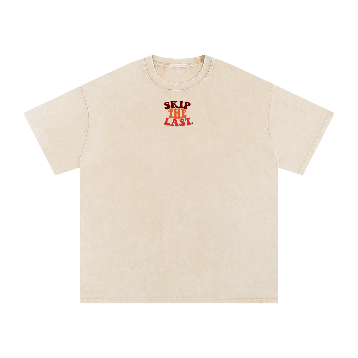 Skip the Last Oversized Boxy Tee in Tan with Skip the Last chest logo, front view