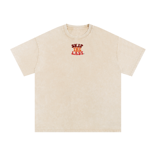 Skip the Last Oversized Boxy Tee in Tan with Skip the Last chest logo, front view