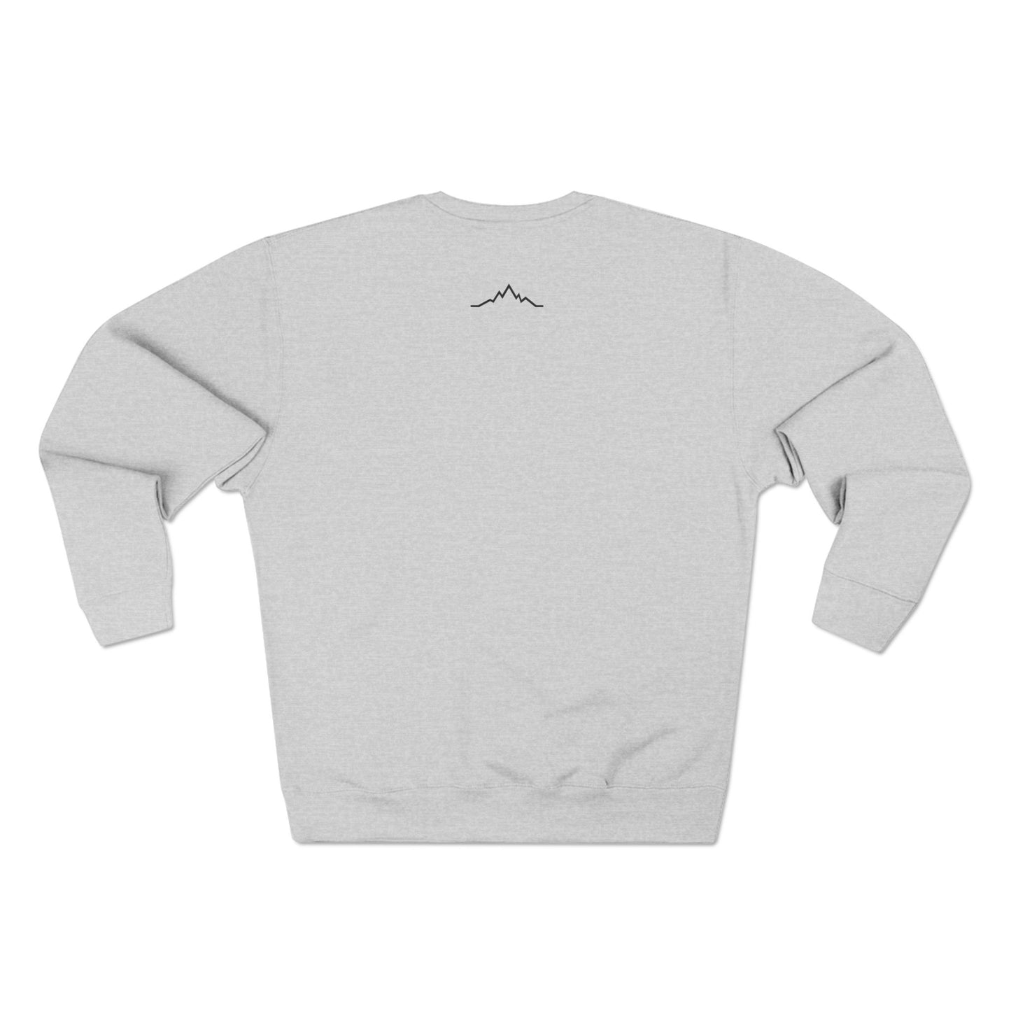 Back view of heather gray Snow Kisses crewneck sweatshirt with minimalist mountain line logo at neckline.