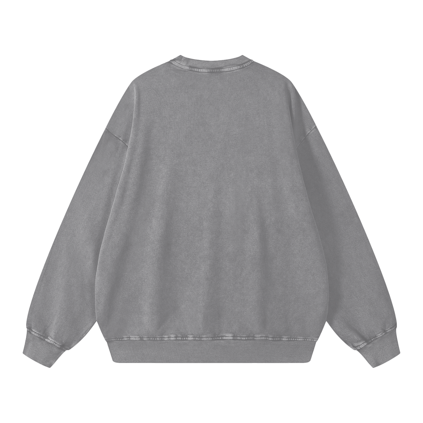 Back view of light gray Snow Kisses vintage crewneck sweatshirt with garment-dyed finish and relaxed fit.
