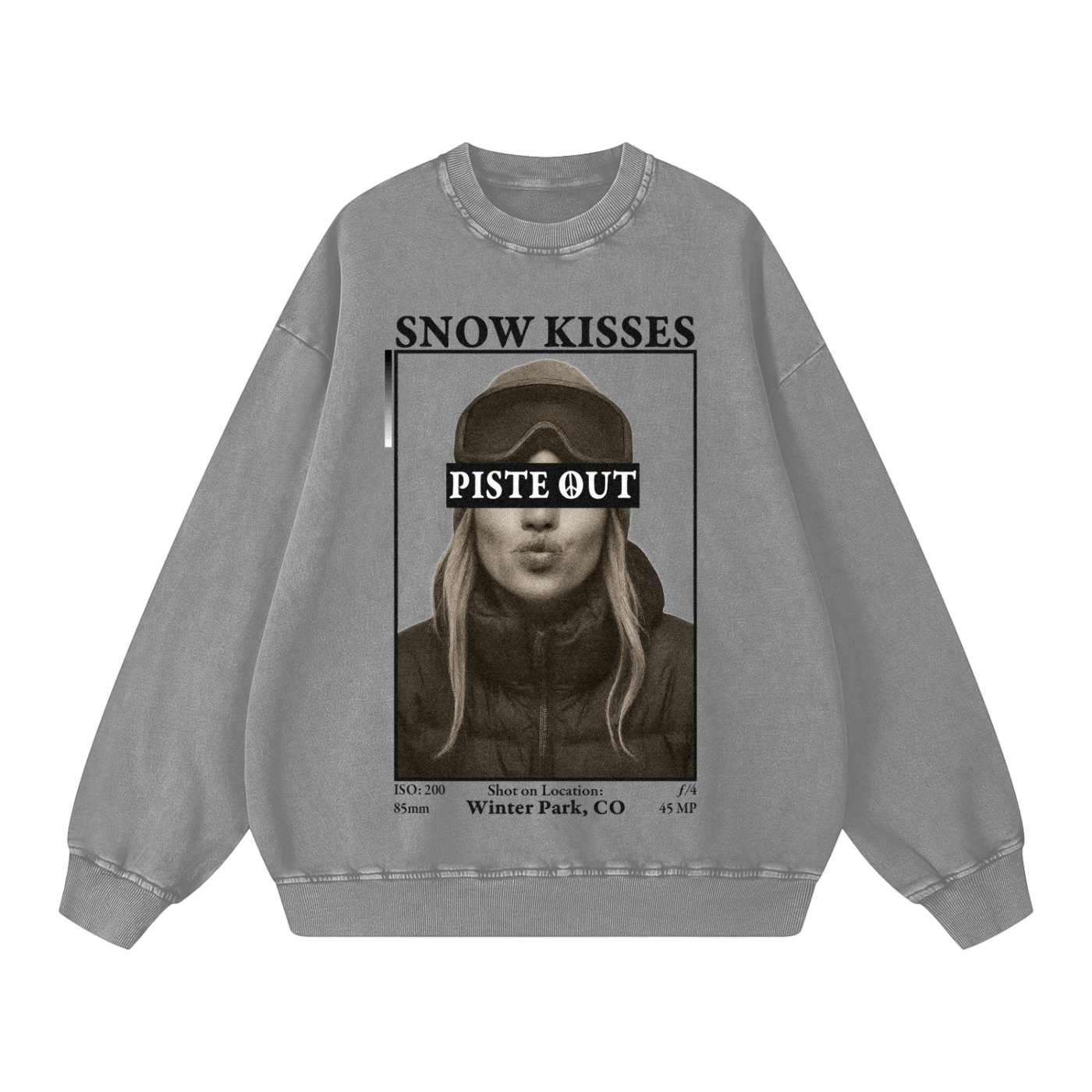 Front view of light gray Snow Kisses crewneck with ski town crush print and Piste Out logo.