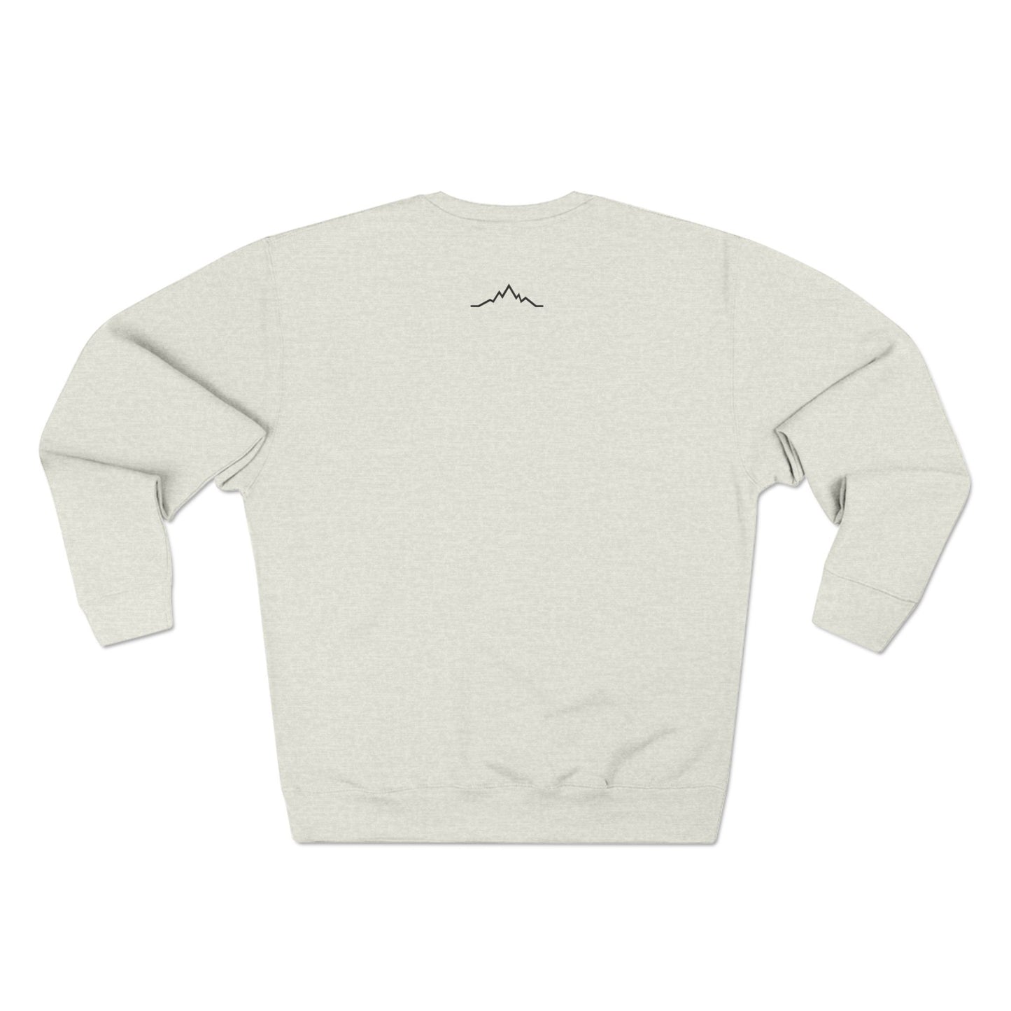 Back view of oatmeal Snow Kisses crewneck sweatshirt with minimalist mountain line logo at neckline.