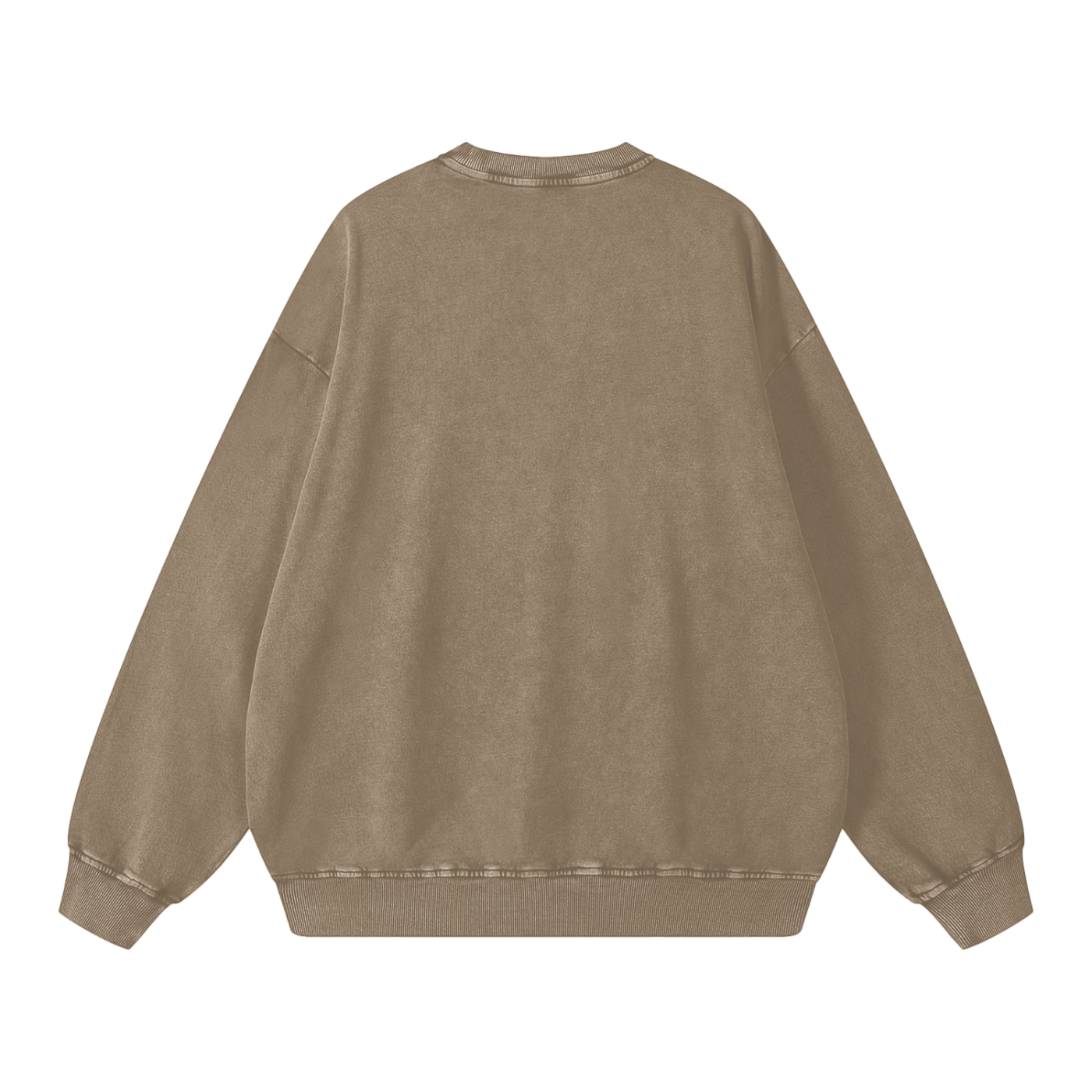 Back view of stone gray Snow Kisses heavyweight crewneck sweatshirt with washed texture and ribbed cuffs.