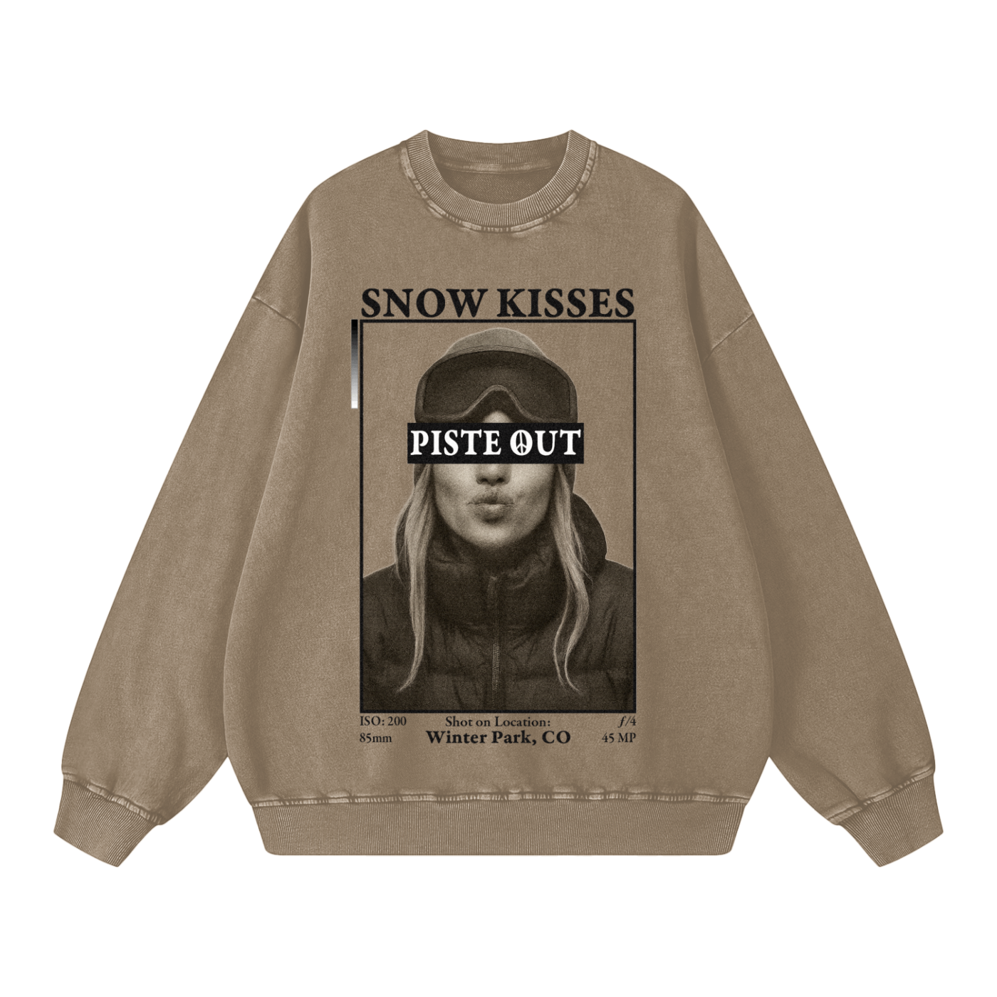 Front view of stone gray Snow Kisses vintage crewneck featuring bold ski town crush design and Piste Out text overlay.