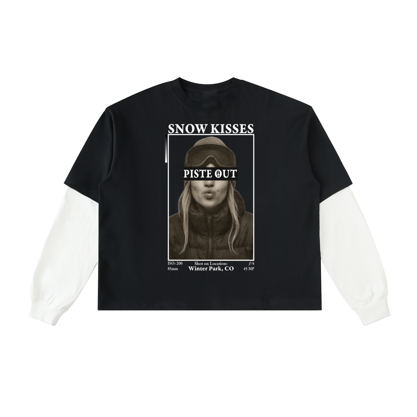 Front view of the Snow Kisses Layered Long Sleeve in black with white sleeves, featuring the vintage photo print and bold “SNOW KISSES” and “PISTE OUT” text.