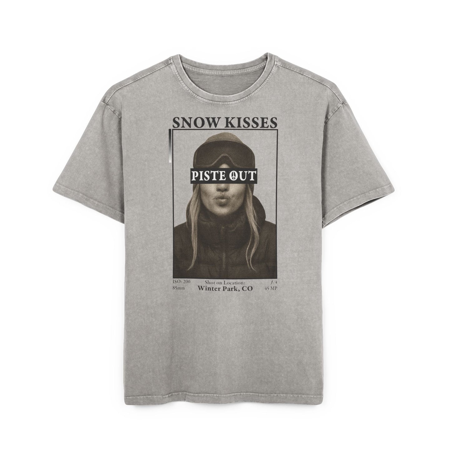 Front view of Asphalt Snow Kisses Piste Out graphic ski t-shirt.