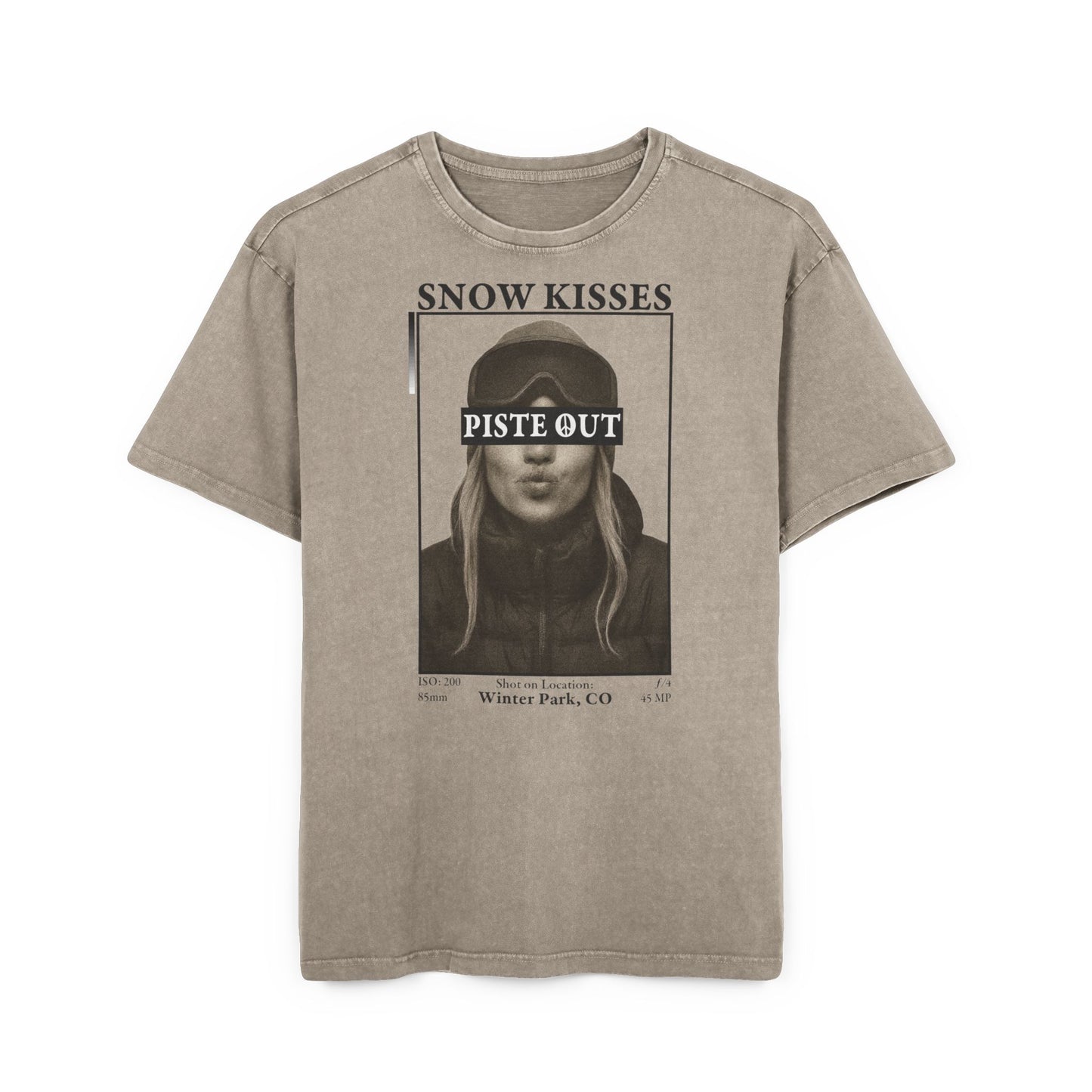 Front view of Dark Khaki Snow Kisses Piste Out graphic ski t-shirt.