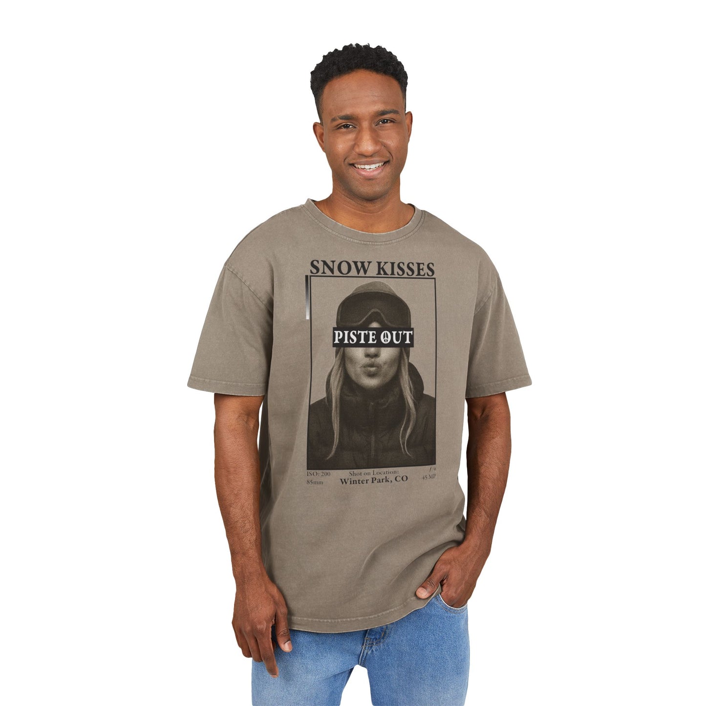Model wearing Dark Khaki Snow Kisses Piste Out graphic ski t-shirt, front view.