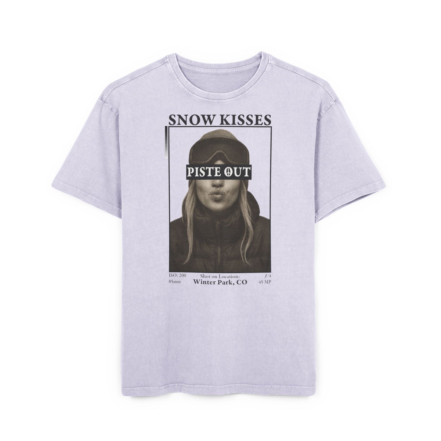 Front view of Soft Lilac Snow Kisses Piste Out graphic ski t-shirt.