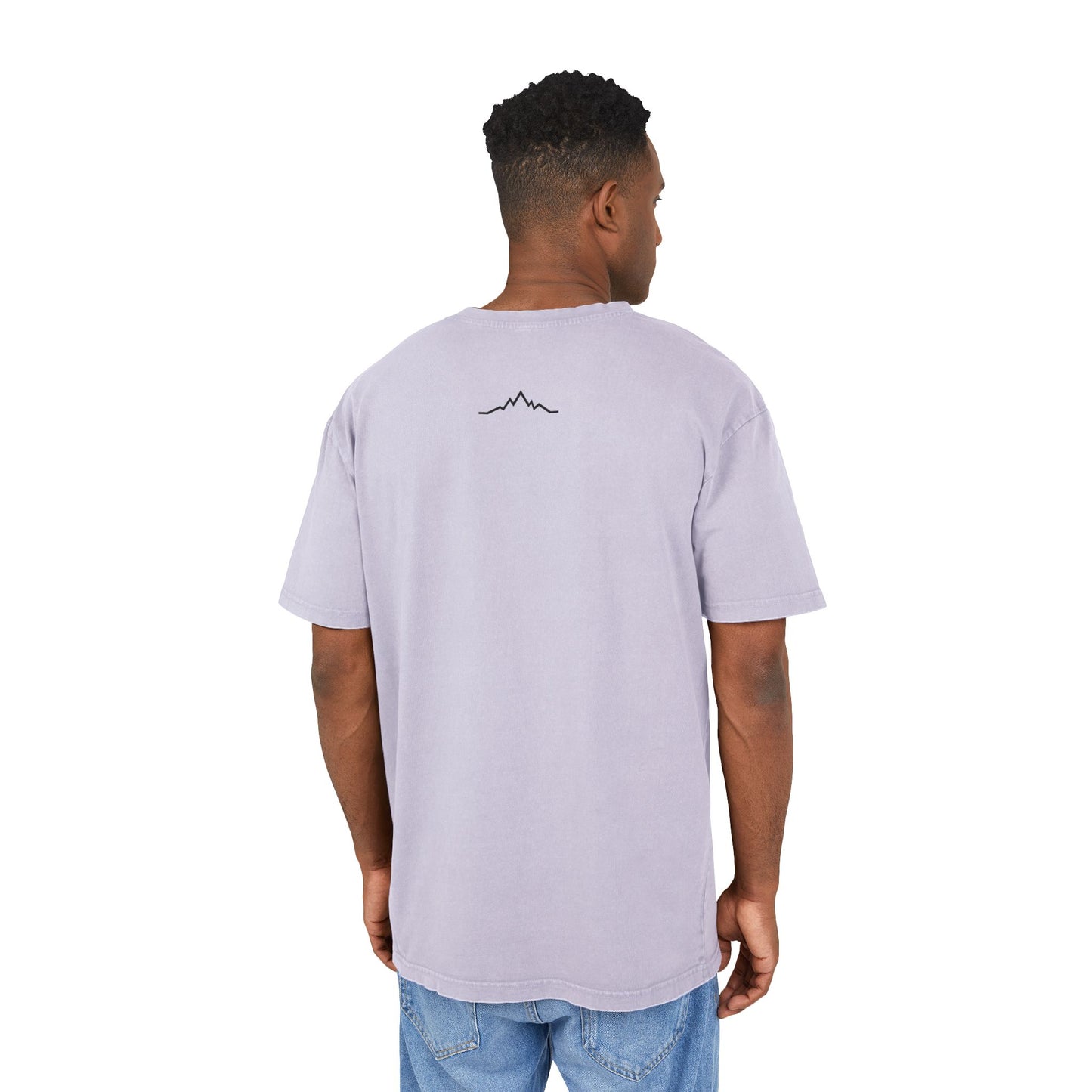 Model wearing Soft Lilac Snow Kisses Piste Out graphic ski t-shirt, back view.