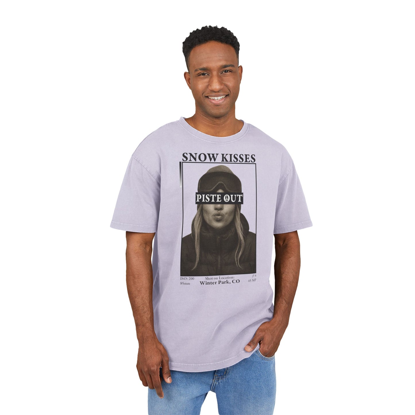 Model wearing Soft Lilac Snow Kisses Piste Out graphic ski t-shirt, front view.