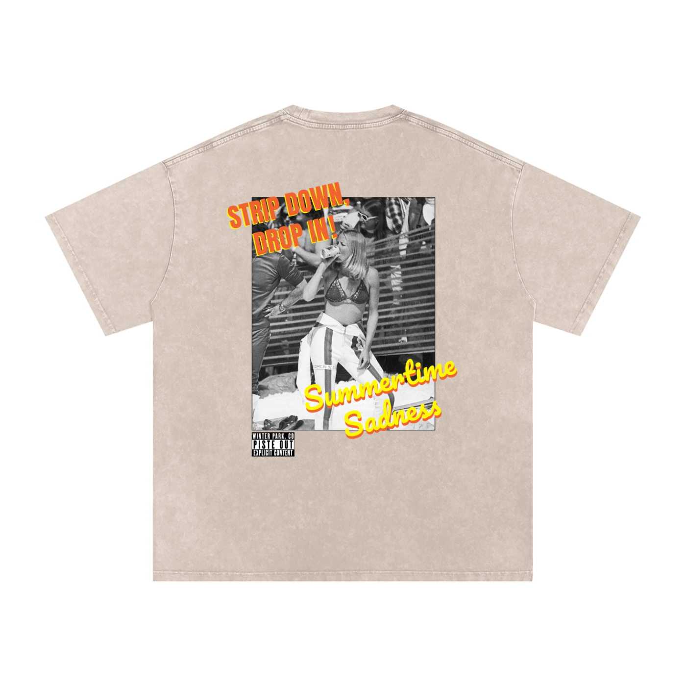 Back view of apricot vintage-washed Strip Down, Drop In tee with Summertime Sadness retro ski graphic and bright typography.