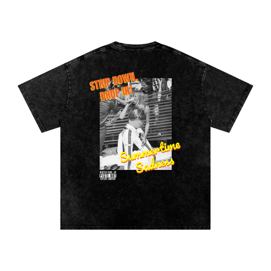 Back view of black diamond acid-washed Strip Down, Drop In tee featuring Summertime Sadness graphic with bold orange and yellow text.