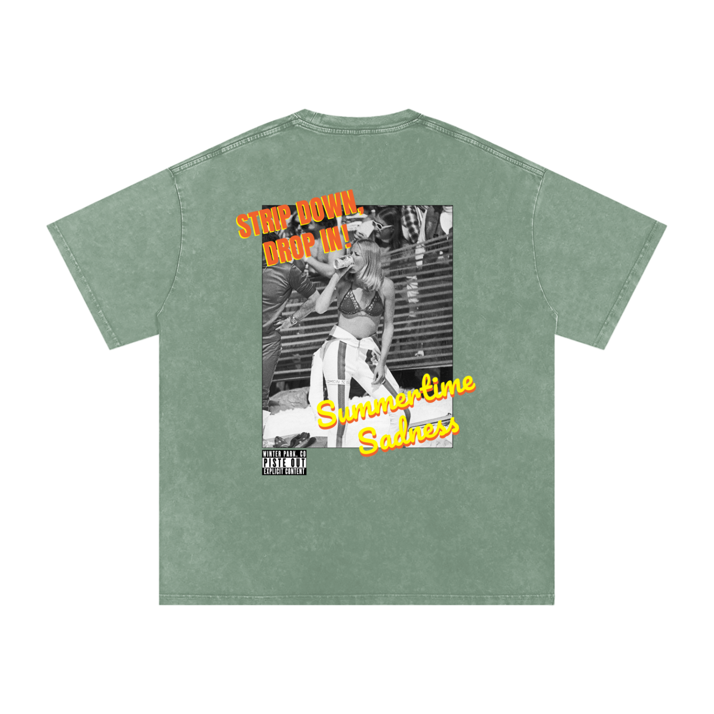Back view of green circle vintage-washed Strip Down, Drop In tee with Summertime Sadness ski-themed artwork and bold retro text.