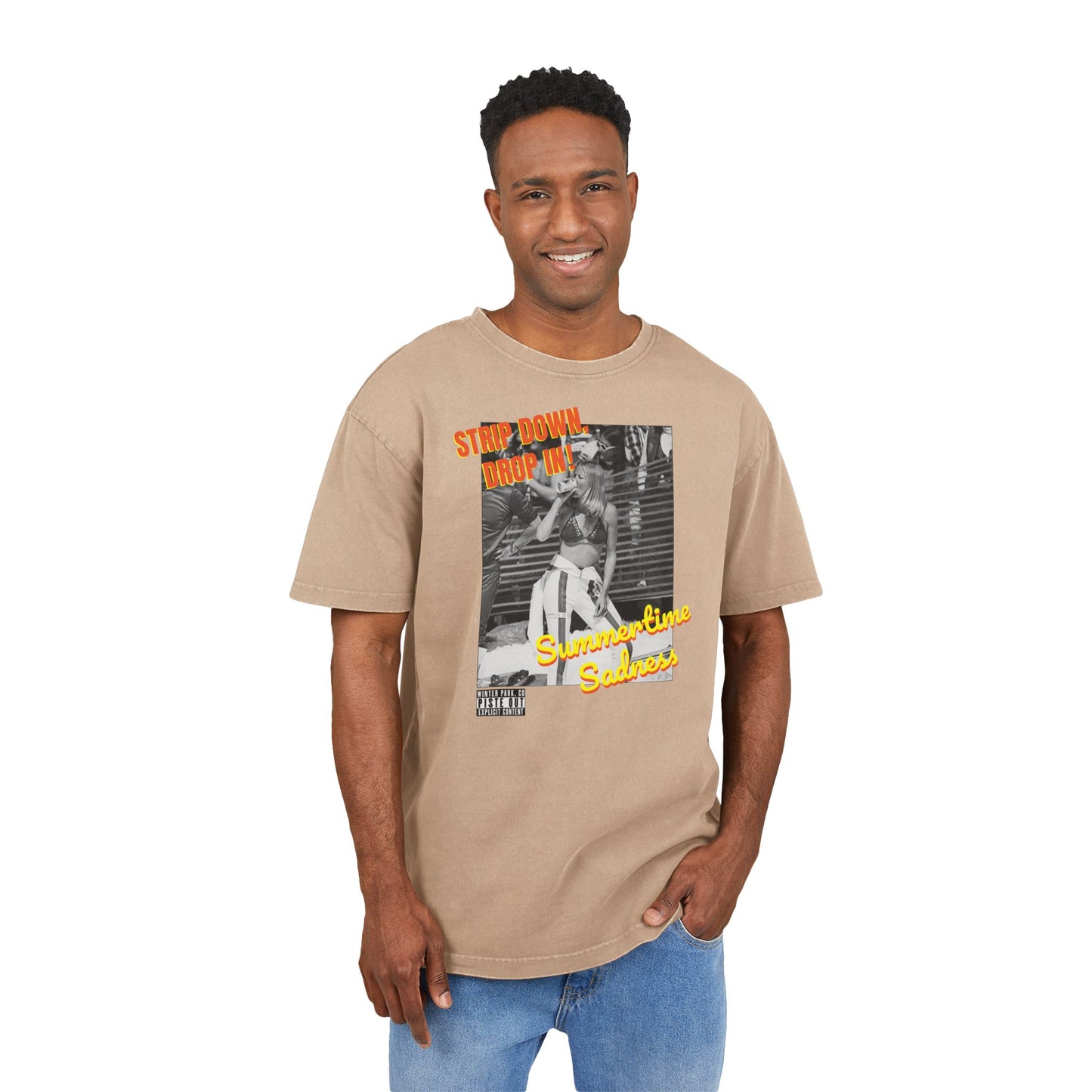 Model wearing beige tee, front view showing full retro bikini skier graphic