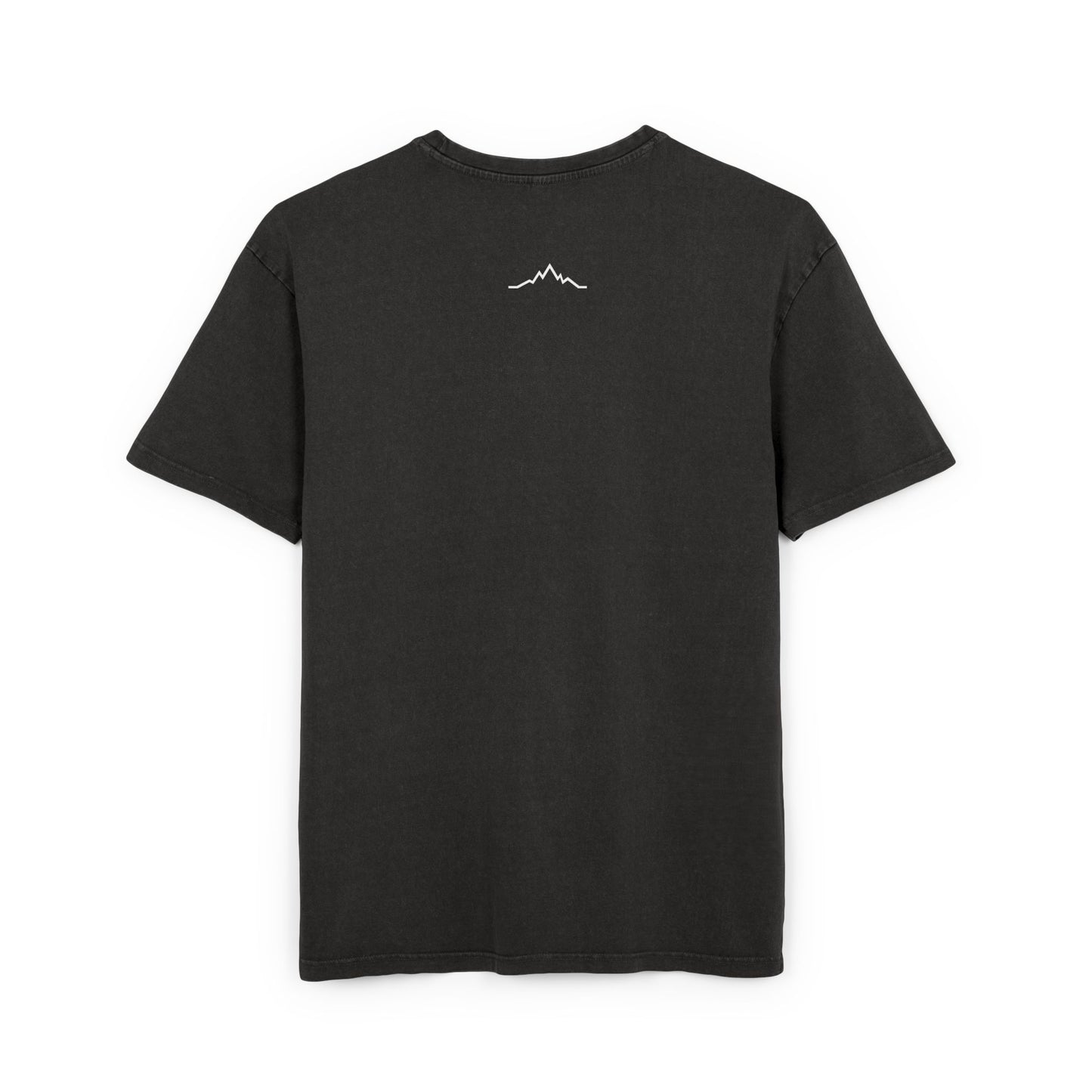 Back of black tee showing minimalist mountain line logo under collar