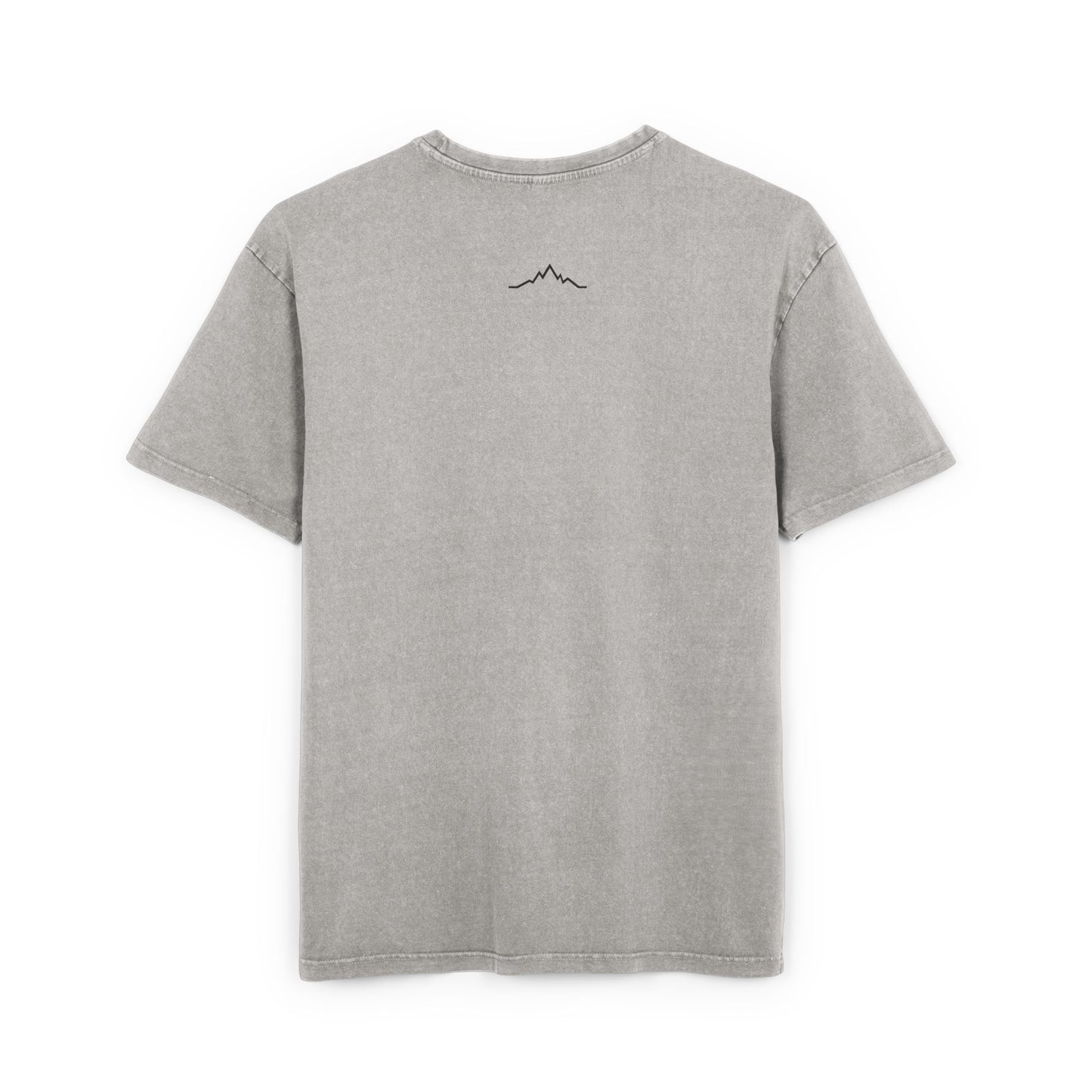 Back of grey tee showing minimalist mountain line logo under collar