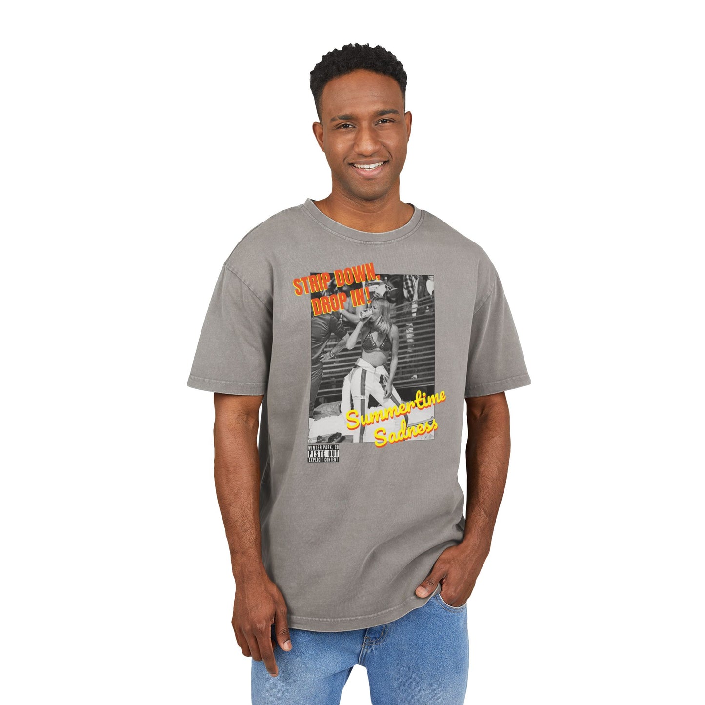 Model wearing grey tee, front view showing full retro bikini skier graphic