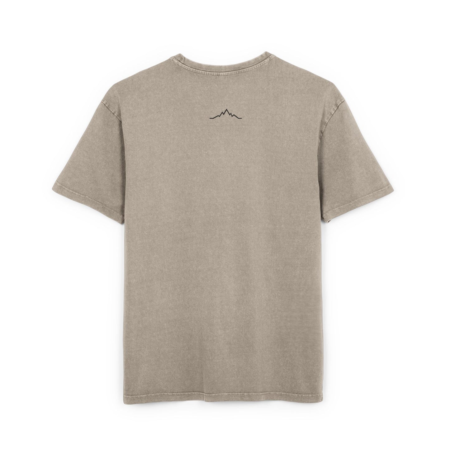 Back of faded taupe tee showing minimalist mountain line logo under collar