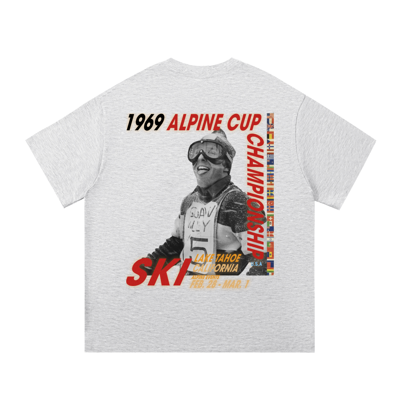 Dirty Snow 69’ Alpine Classic tee back view featuring vintage alpine poster graphic with skier photo and flag border.