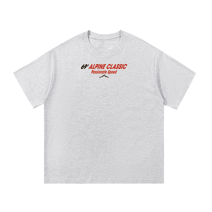 Dirty Snow 69’ Alpine Classic tee front view with small red and black chest logo and mountain submark.