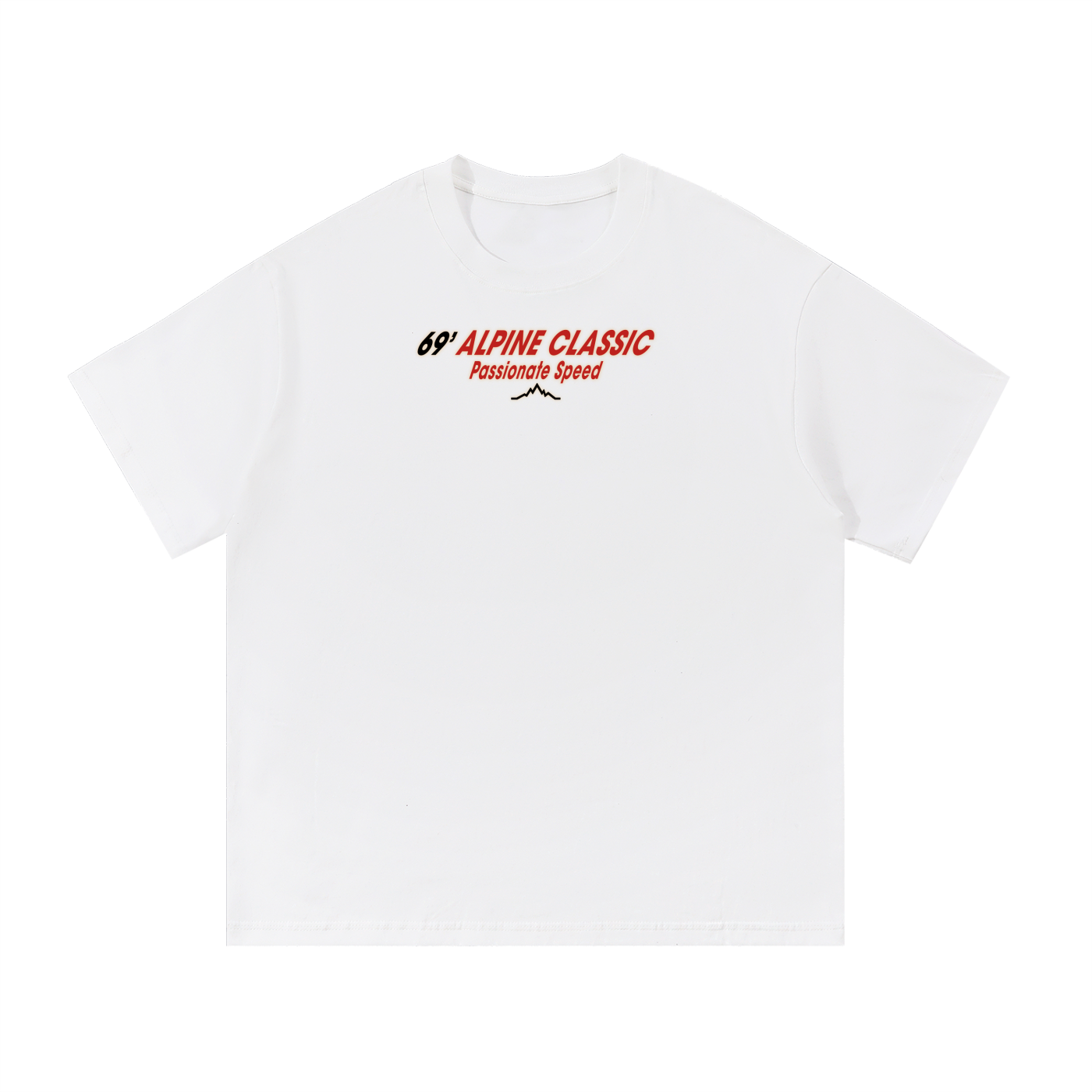 Snow 69’ Alpine Classic tee front view with small red and black chest logo and mountain submark.