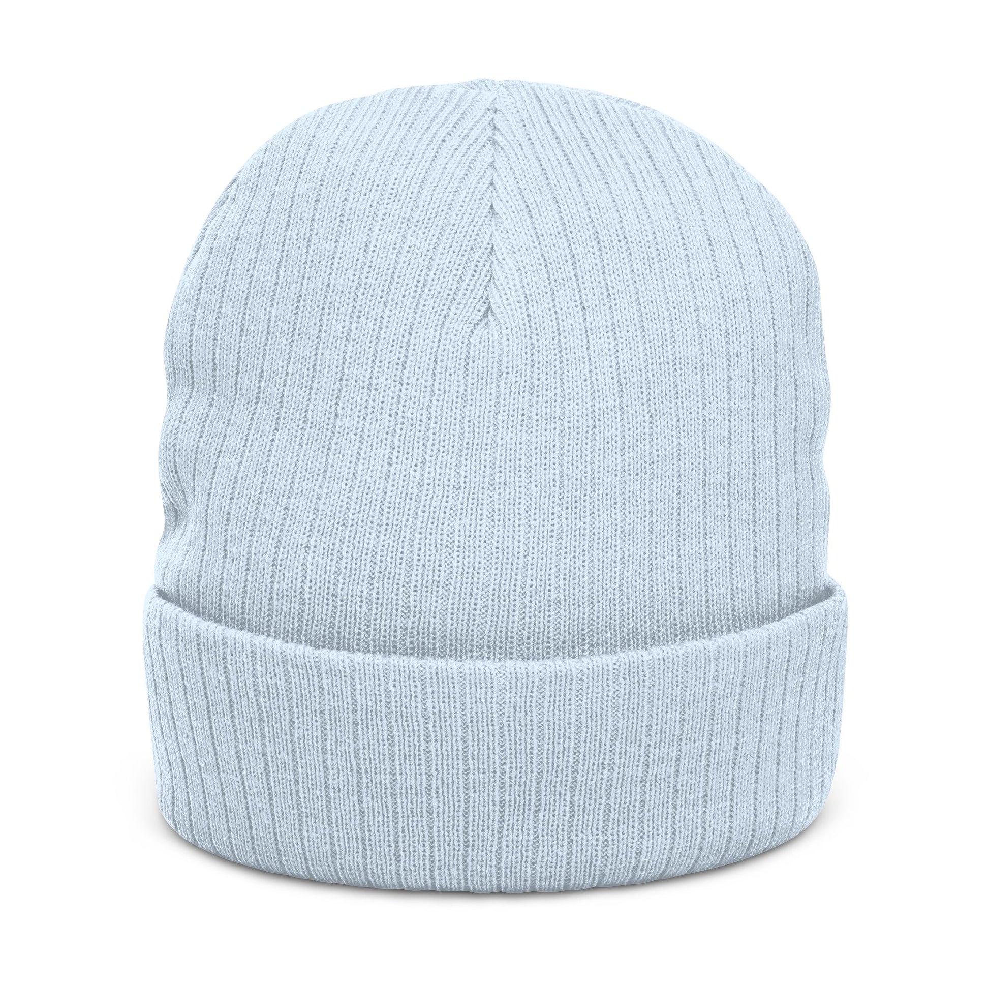 Back of baby blue ribbed beanie, no visible logo