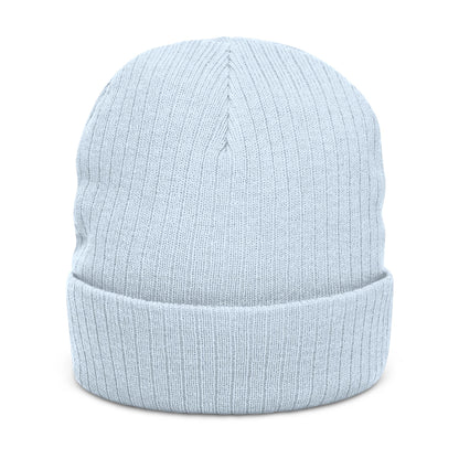 Back of baby blue ribbed beanie, no visible logo