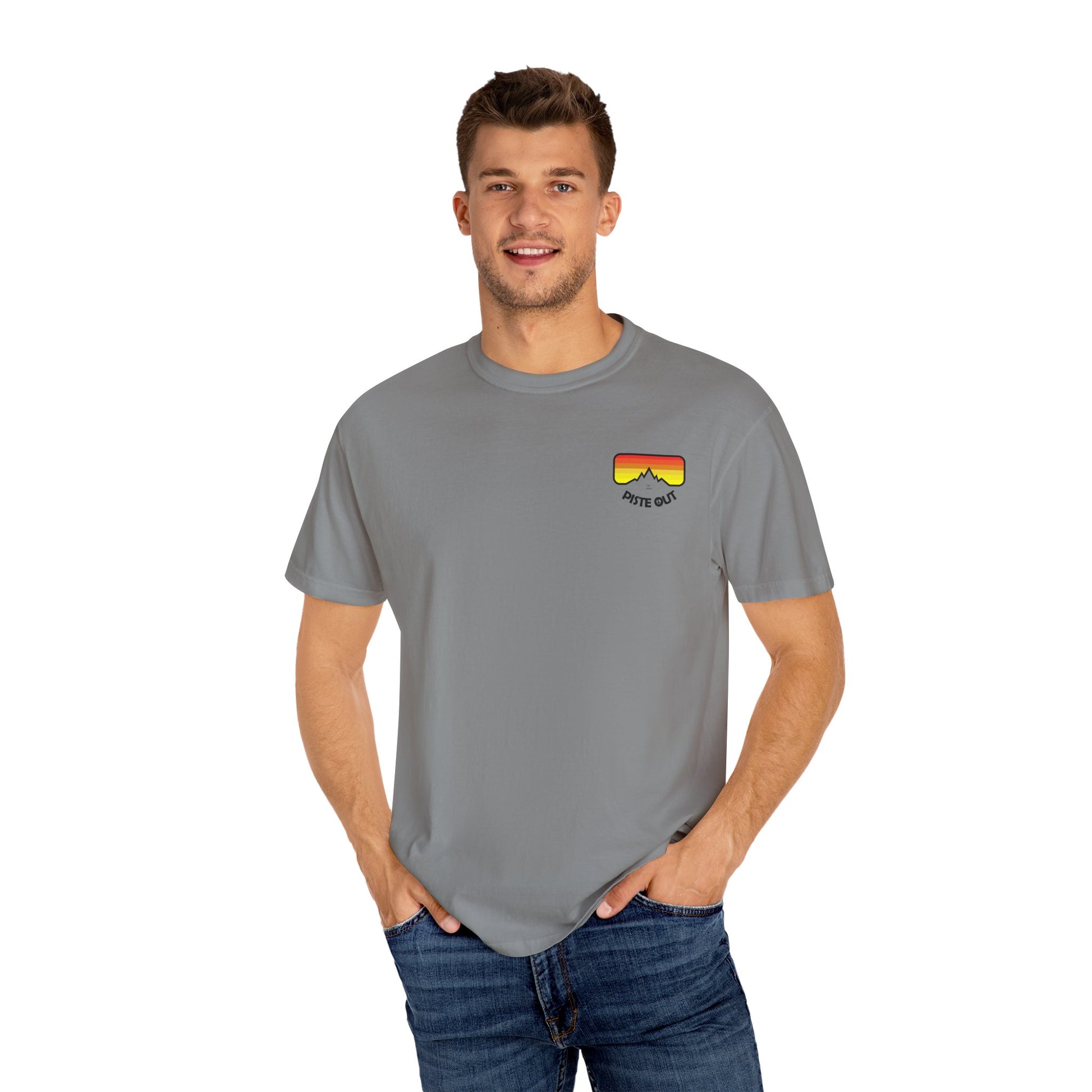 Model wearing gray tee, front view showing retro chest logo