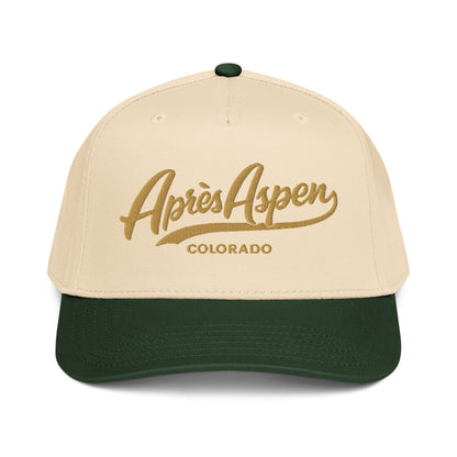 Front view of Gold Après Aspen hat with cream crown, dark green brim, and old gold embroidered logo with Colorado text.