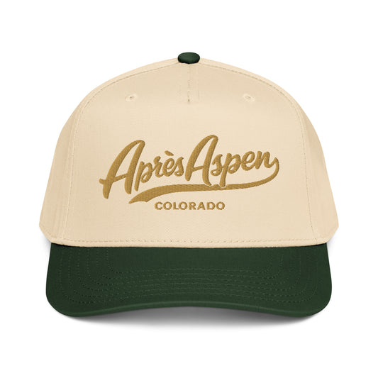 Front view of Gold Après Aspen hat with cream crown, dark green brim, and old gold embroidered logo with Colorado text.