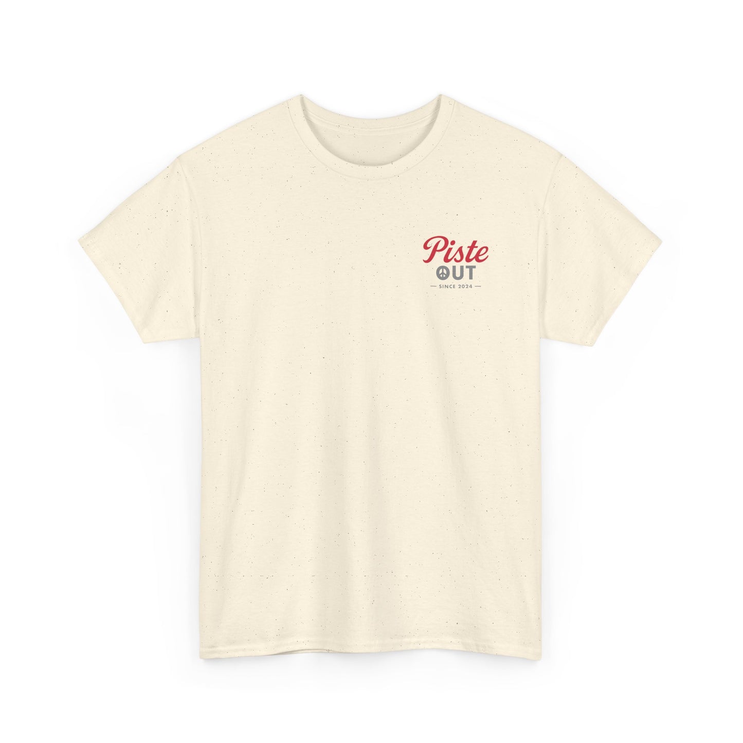 Front view of High Calorie Sports Drink tee in natural oatmeal with simple red and gray Piste Out chest logo.