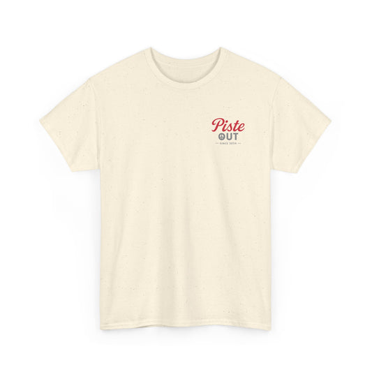 Front view of High Calorie Sports Drink tee in natural oatmeal with simple red and gray Piste Out chest logo.