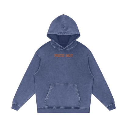 Front view of blue square washed Colorado Cowboy hoodie with vintage orange “PISTE OUT” chest print.